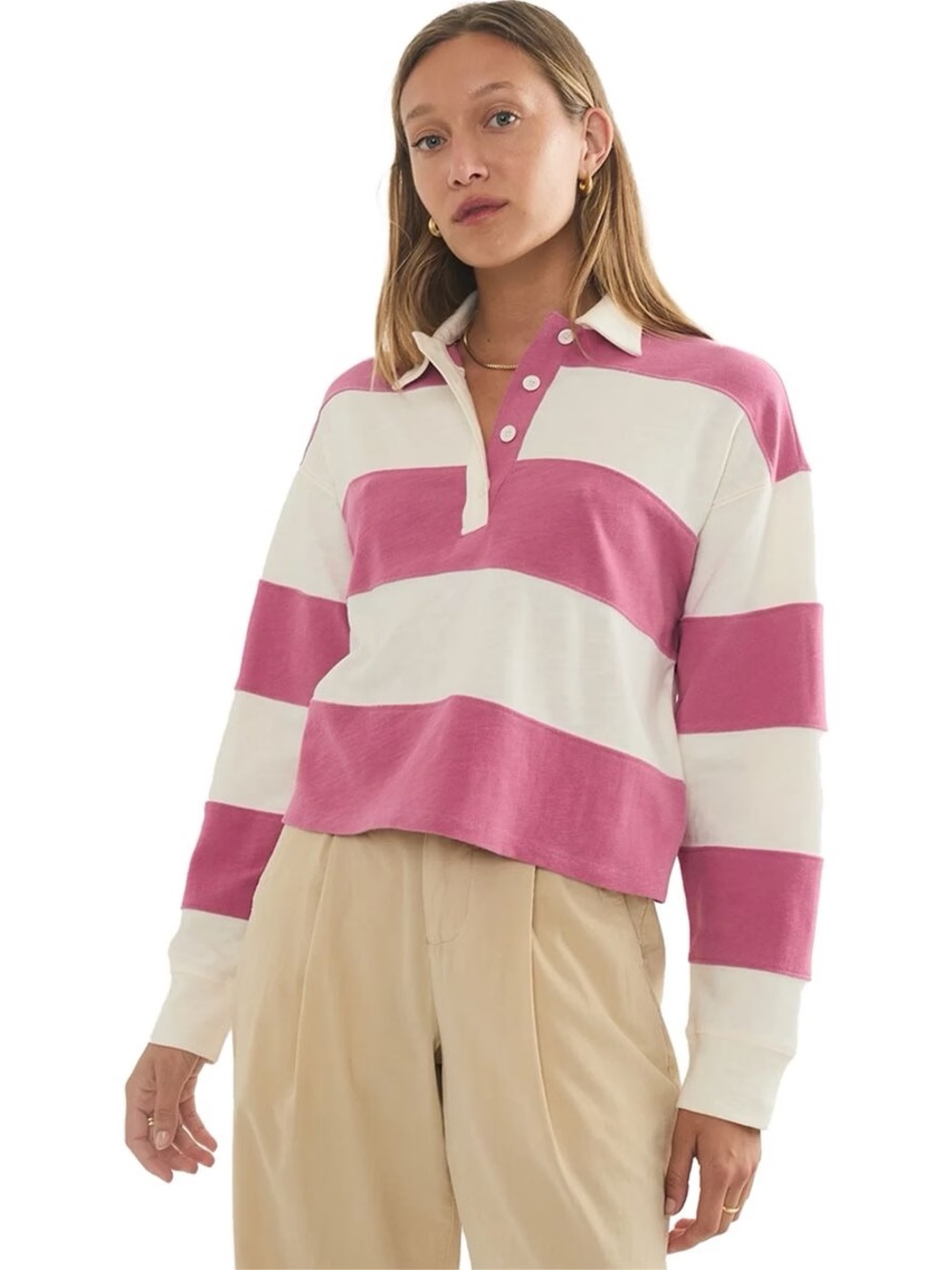 Marine Layer Cropped Rugby Long Sleeve Polo Top Faded Magenta Stripe Size M